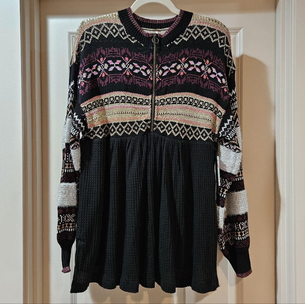 Free People Cabin Fever Swit Sweater Long Sleeve Half Zip Metallic Black Sm NWT - Picture 2 of 16